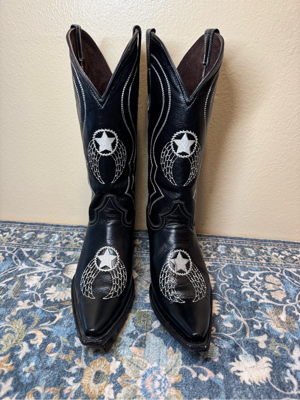 Pecos Bill Black Leather Western Boots with Star & Wing Embroidery
